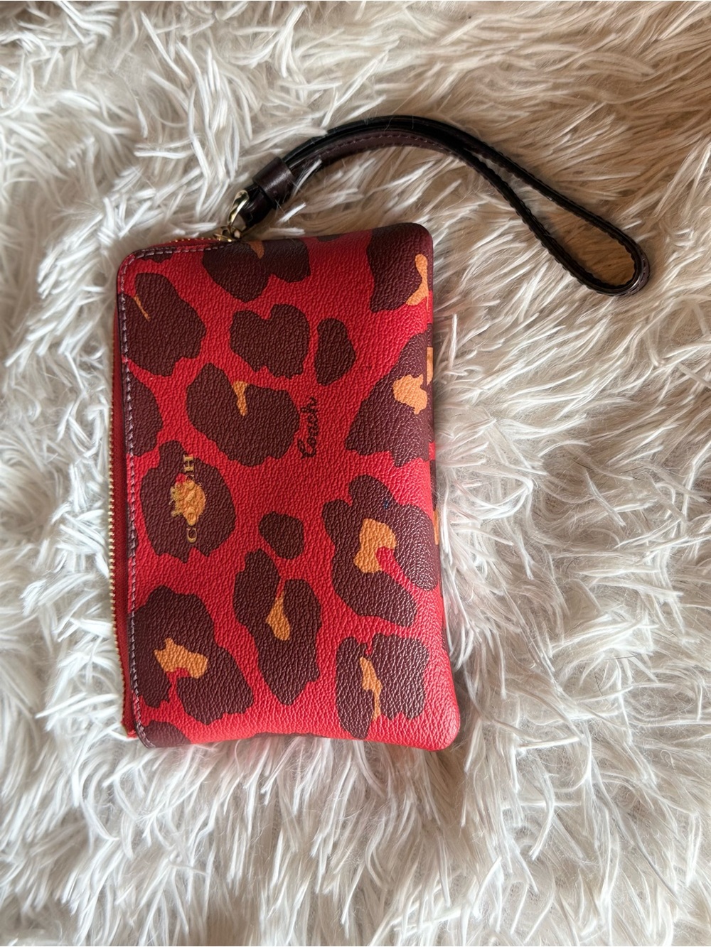 Coach Red Leopard Print Wristlet Clutch with Brown Strap